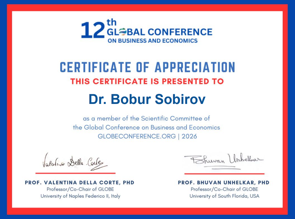 Member of the Scientific Committee for the 12th Global Conference on Business and Economics (GLOBE 2026).