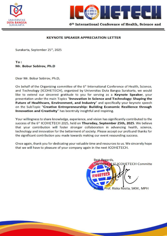 KEYNOTE SPEAKER APPRECIATION LETTER