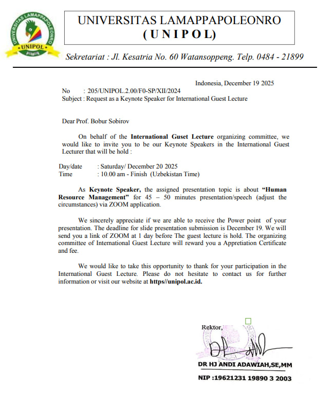 Request as a Keynote Speaker for International Guest Lecture